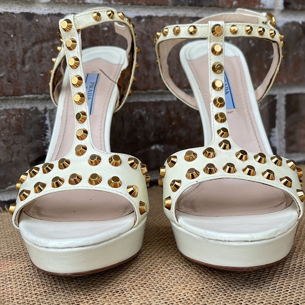 PRADA Saffiano Leather Studded Platform Sandals 38 - Picture 3 of 11